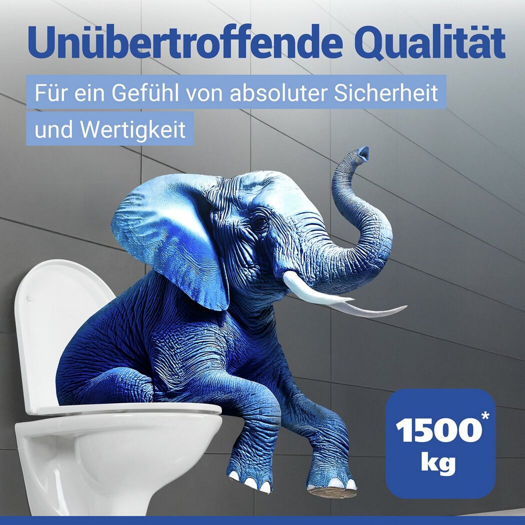 Elefant auf WC-Sitz symbolisiert hohe Belastbarkeit von 1500 kg.