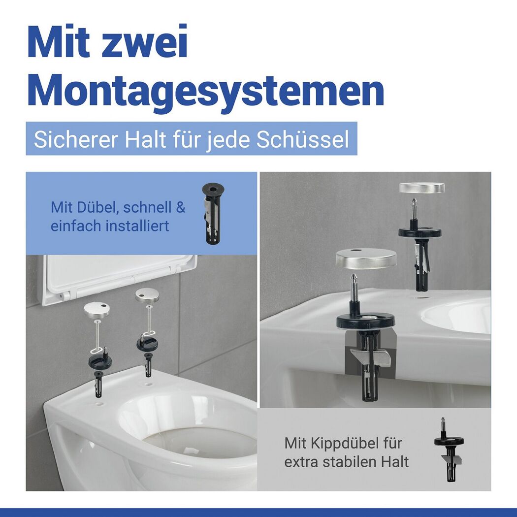 Zwei Montagesysteme für WC-Sitz mit Dübel und Kippdübel.