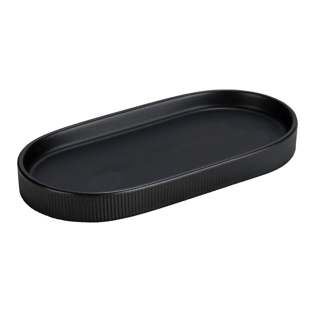 Schwarze Ablageschale Fablo, oval mit Rillen.