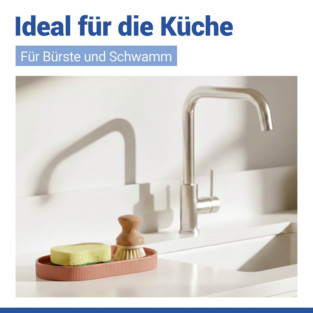 Braune Ablageschale 'Fablo' mit Schwamm und Spülbürste in der Küche