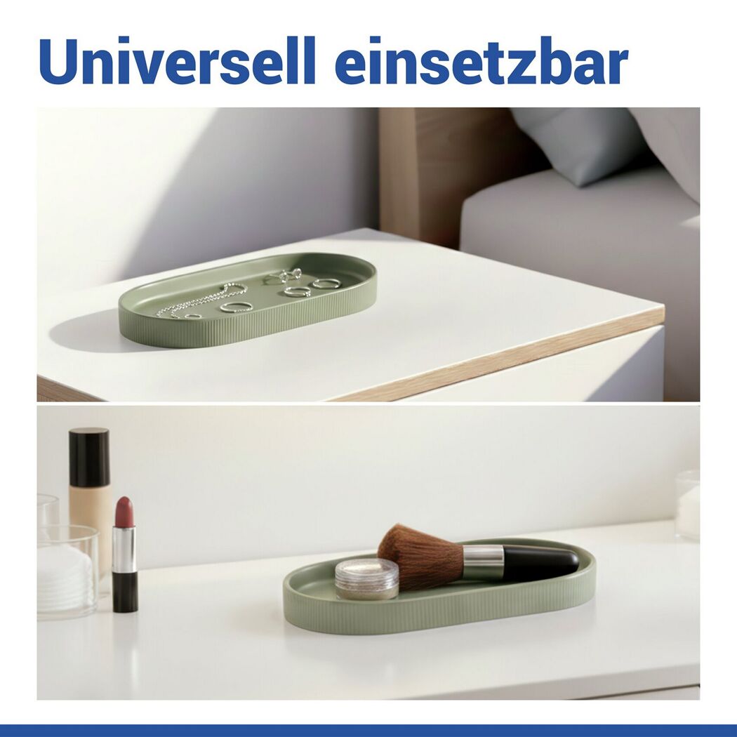 Grüne Ablageschale 'Fablo' mit Schmuck und Kosmetik.