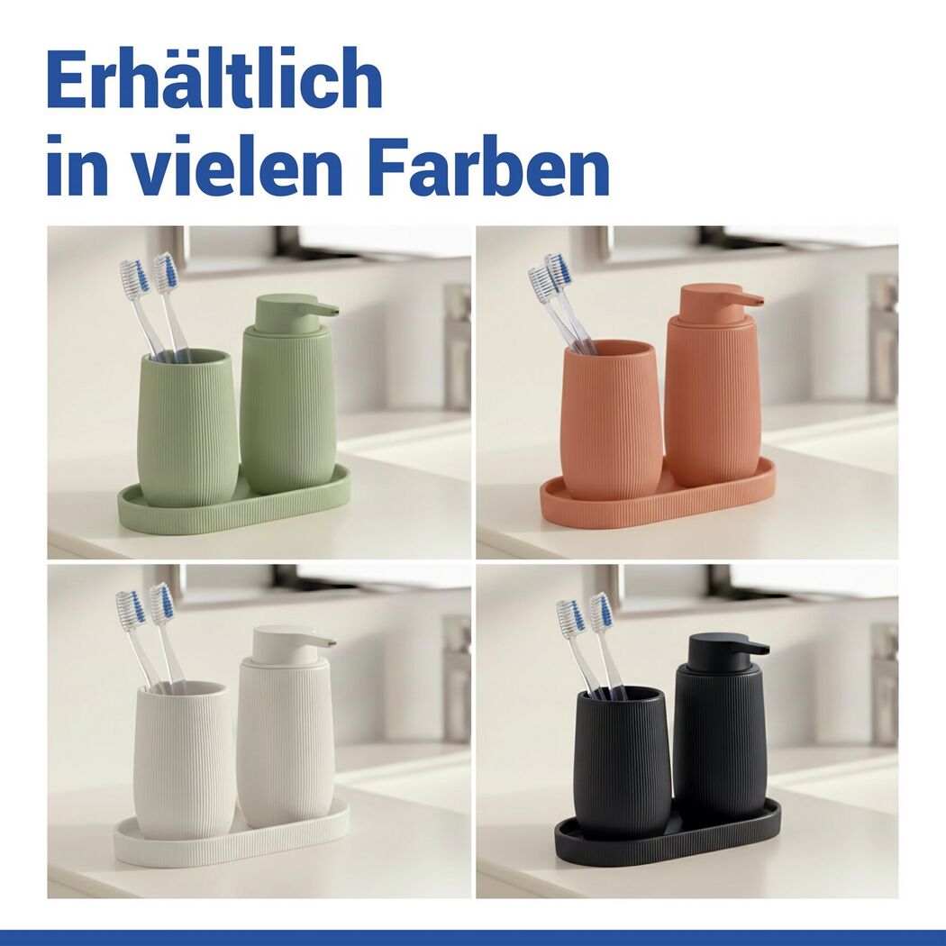Vier Badezimmer-Sets 'Fablo' in unterschiedlichen Farben.