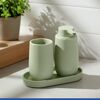 Ablageschale 'Fablo' grün mit passendem Becher und Seifenspender.