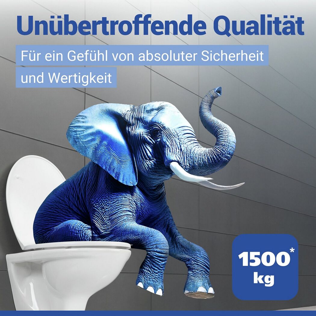 Blauer Elefant sitzt auf weißem WC-Sitz 'Gatteo'.