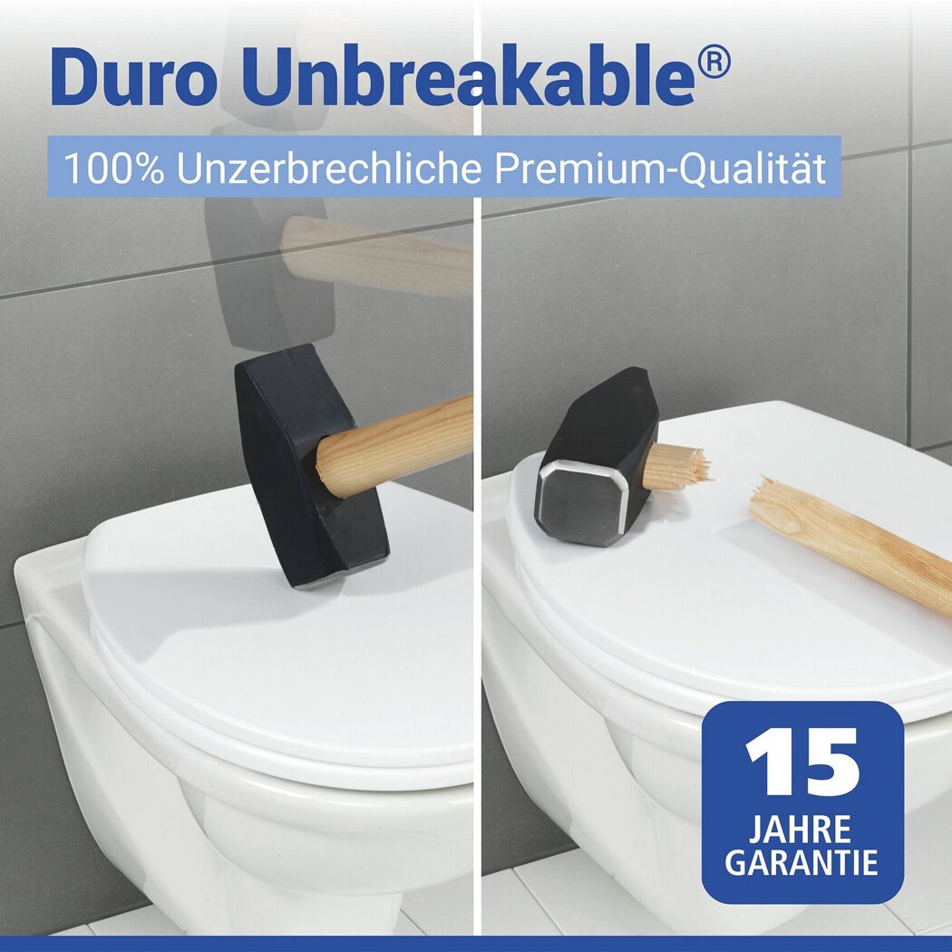 Hammer trifft unzerbrechlichen WC-Sitz, Holzgriff bricht.