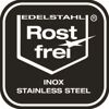 Logo mit Aufschrift Edelstahl Rostfrei, Inox, Stainless Steel.