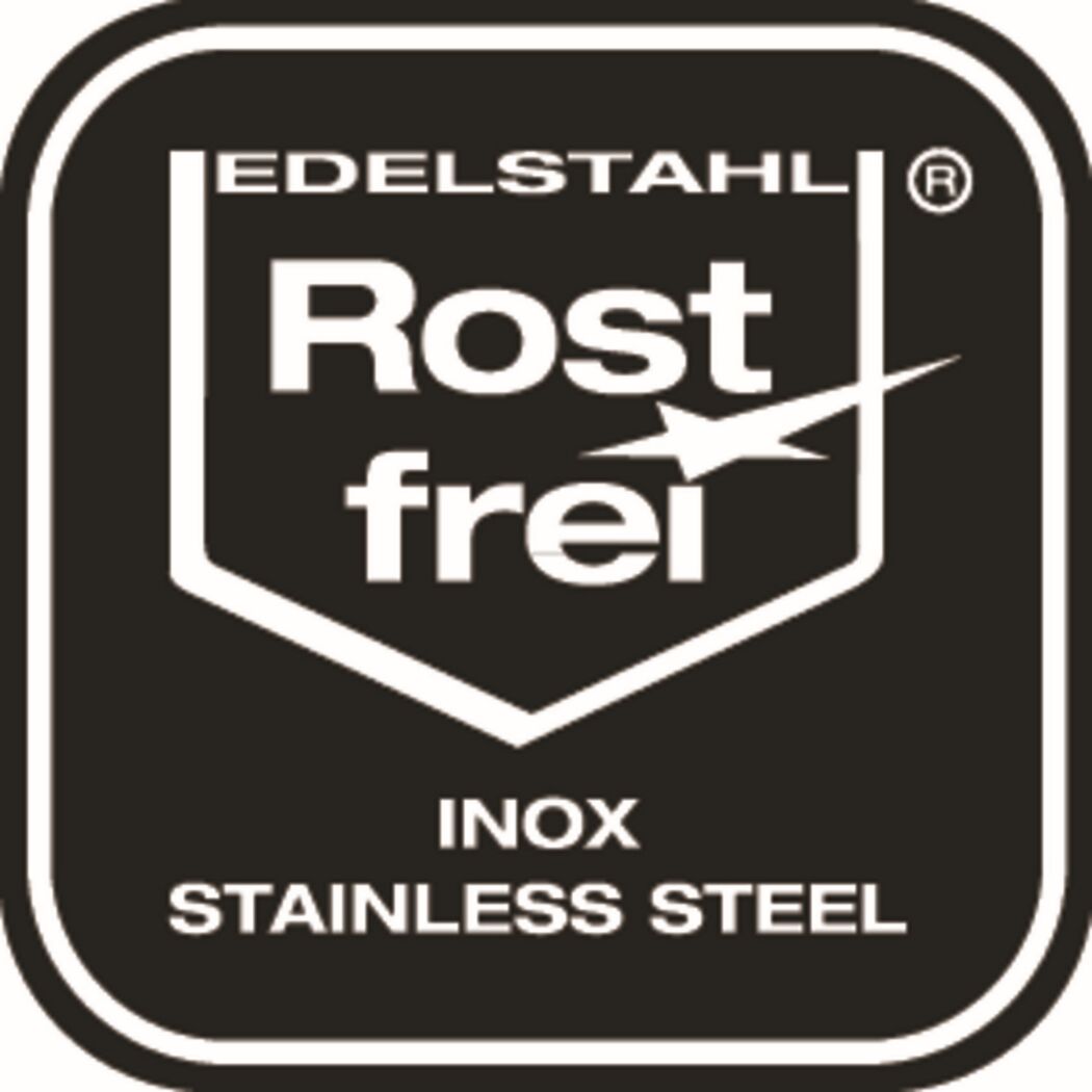 Logo mit Aufschrift Edelstahl Rostfrei, Inox, Stainless Steel.