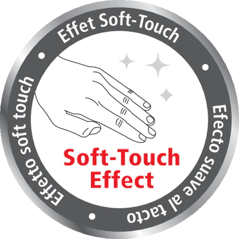 Logo mit Hand und Soft-Touch-Effekt in mehreren Sprachen.