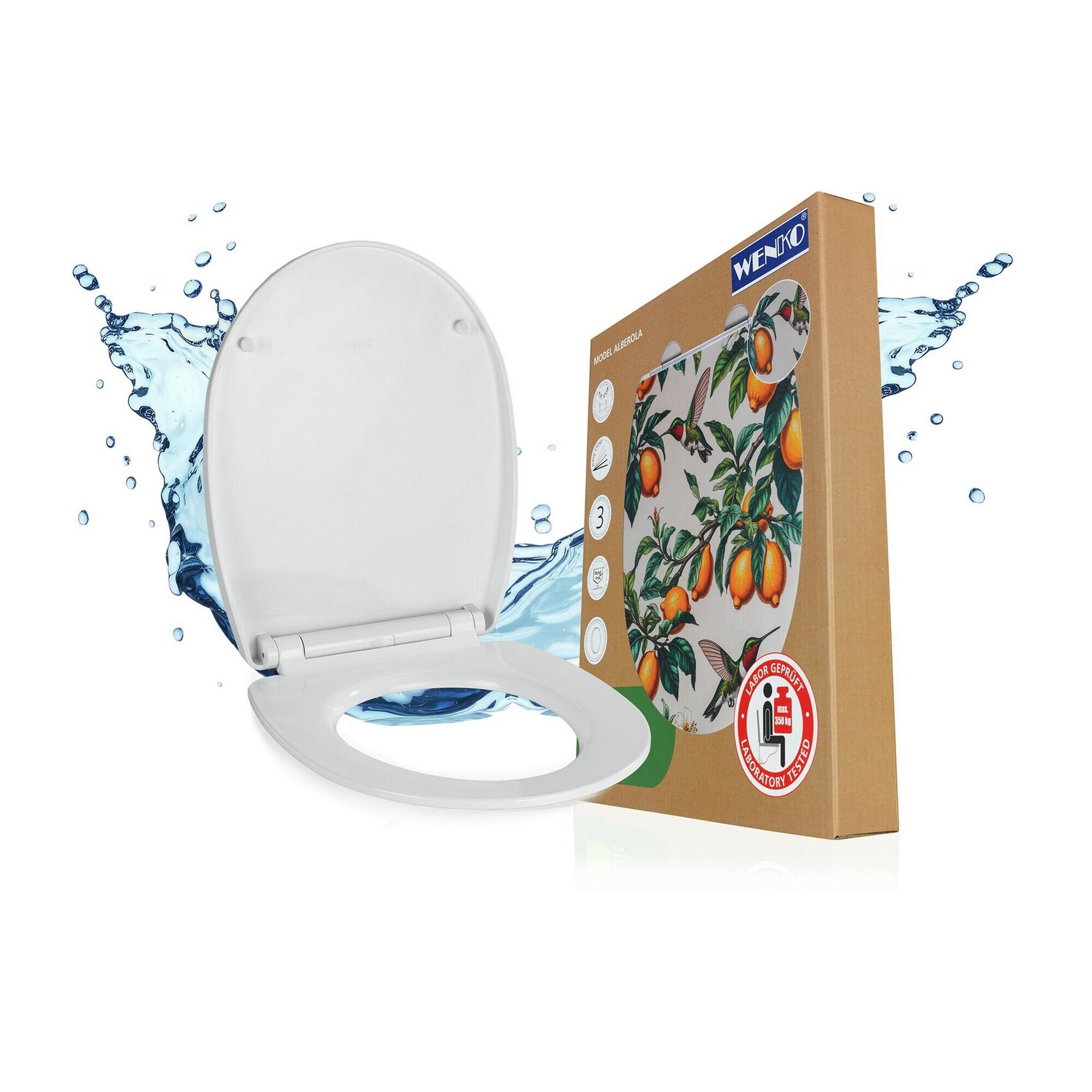 WC-Sitz 'Alberola' und Verpackung mit Zitronenmuster.