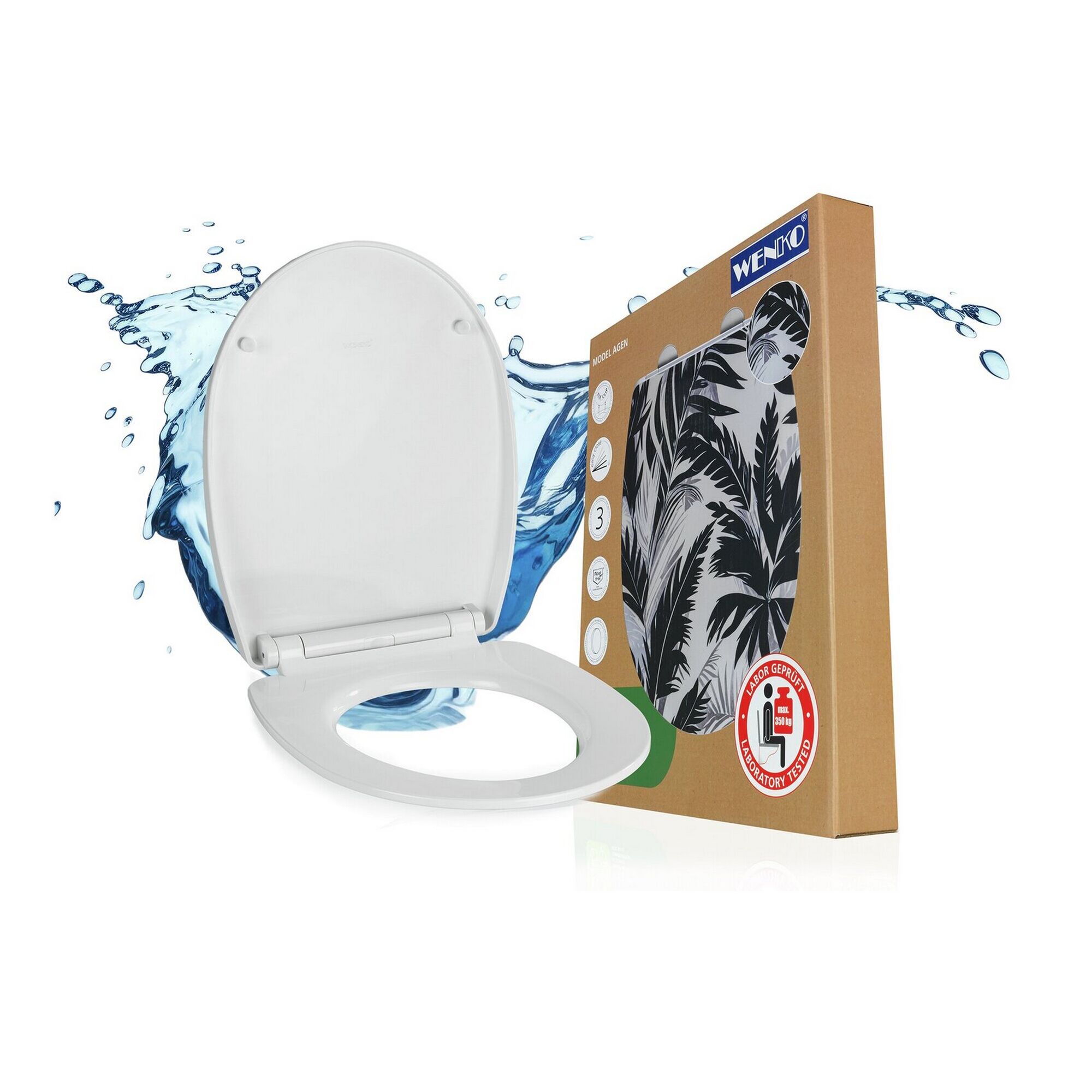 WC-Sitz 'Agen' und bunte Verpackung mit Wasserspritzern.