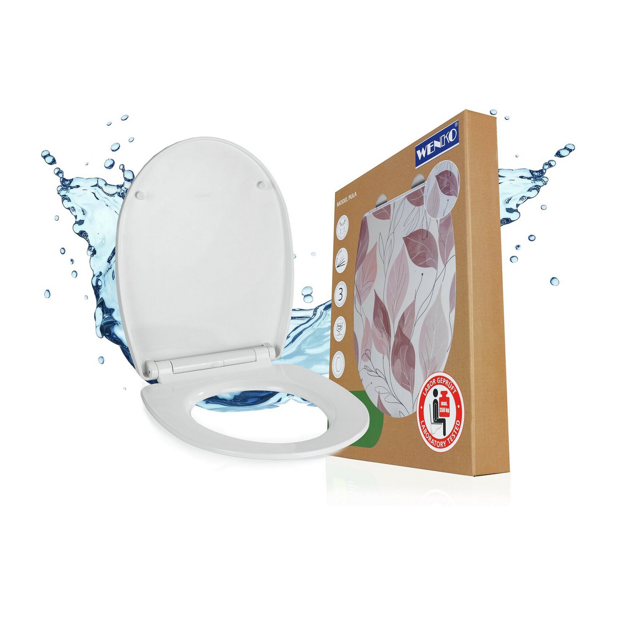 Weißer WC-Sitz 'Pula' mit WENKO Verpackung und Blättermuster