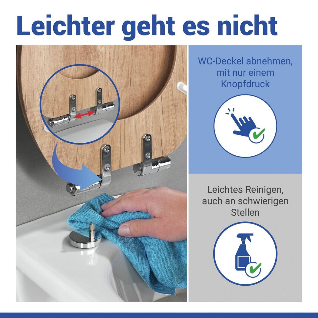 WC-Sitz 'Eiche' abnehmbar für leichte Reinigung.
