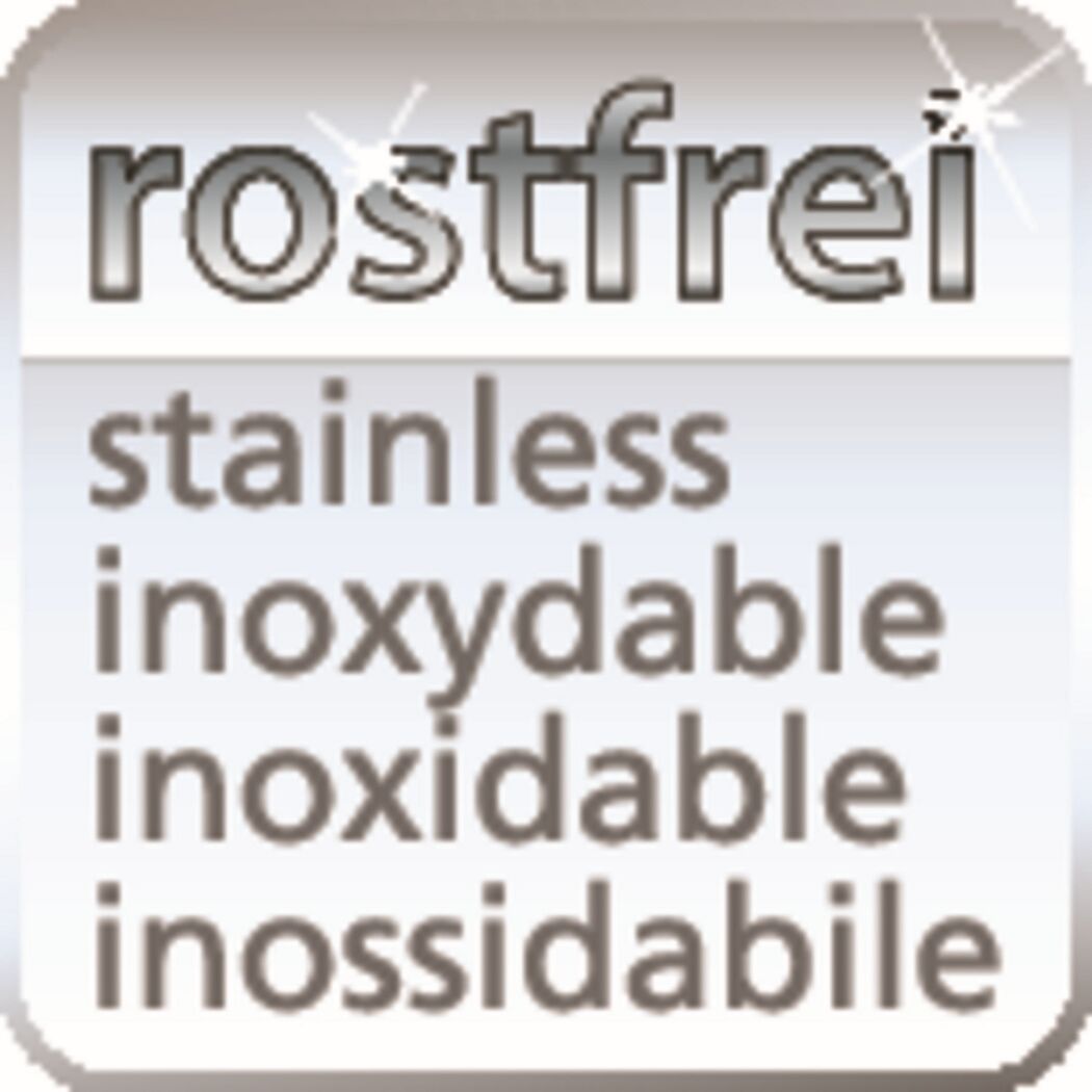 Graues Etikett mit der Aufschrift 'rostfrei' und Übersetzungen.