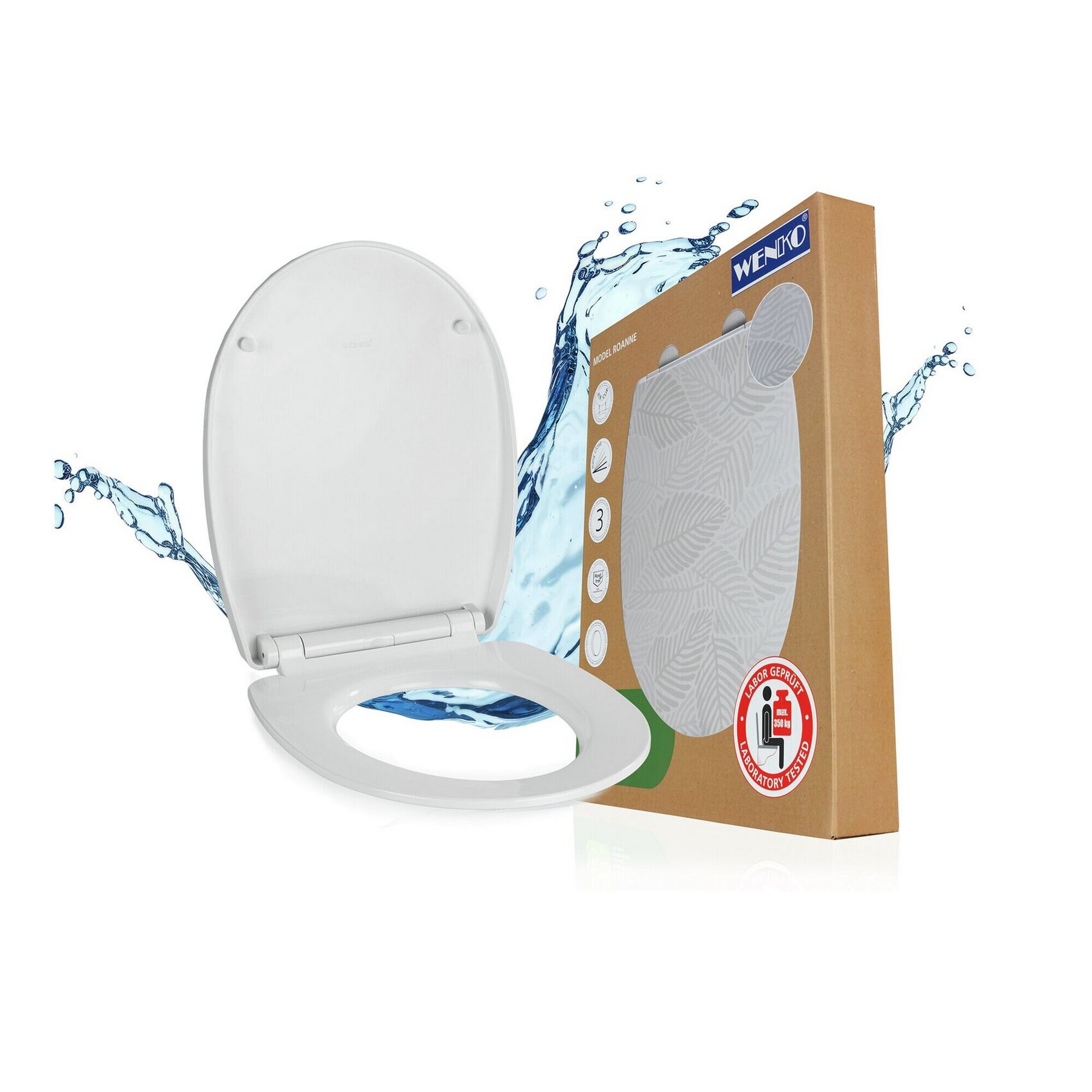 WC-Sitz 'Roanne' mit geöffnetem Deckel und Verpackung