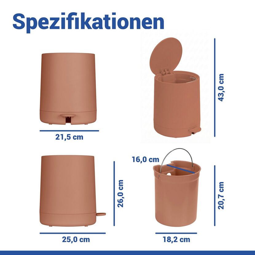 Spezifikationen des braunen Kosmetikeimers 'Fablo' mit Maßen.