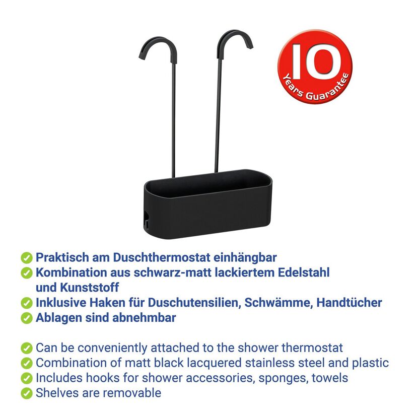 Schwarzer Duschcaddy Garos mit 10 Jahren Garantie.