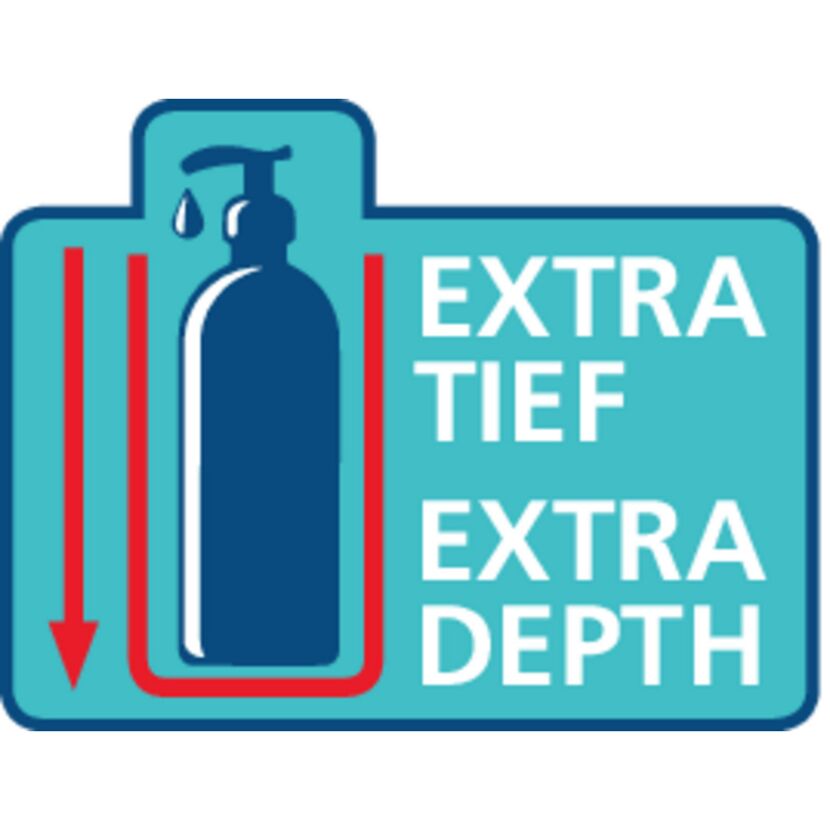Symbol für extra tiefen Duschcaddy mit Spenderflasche.