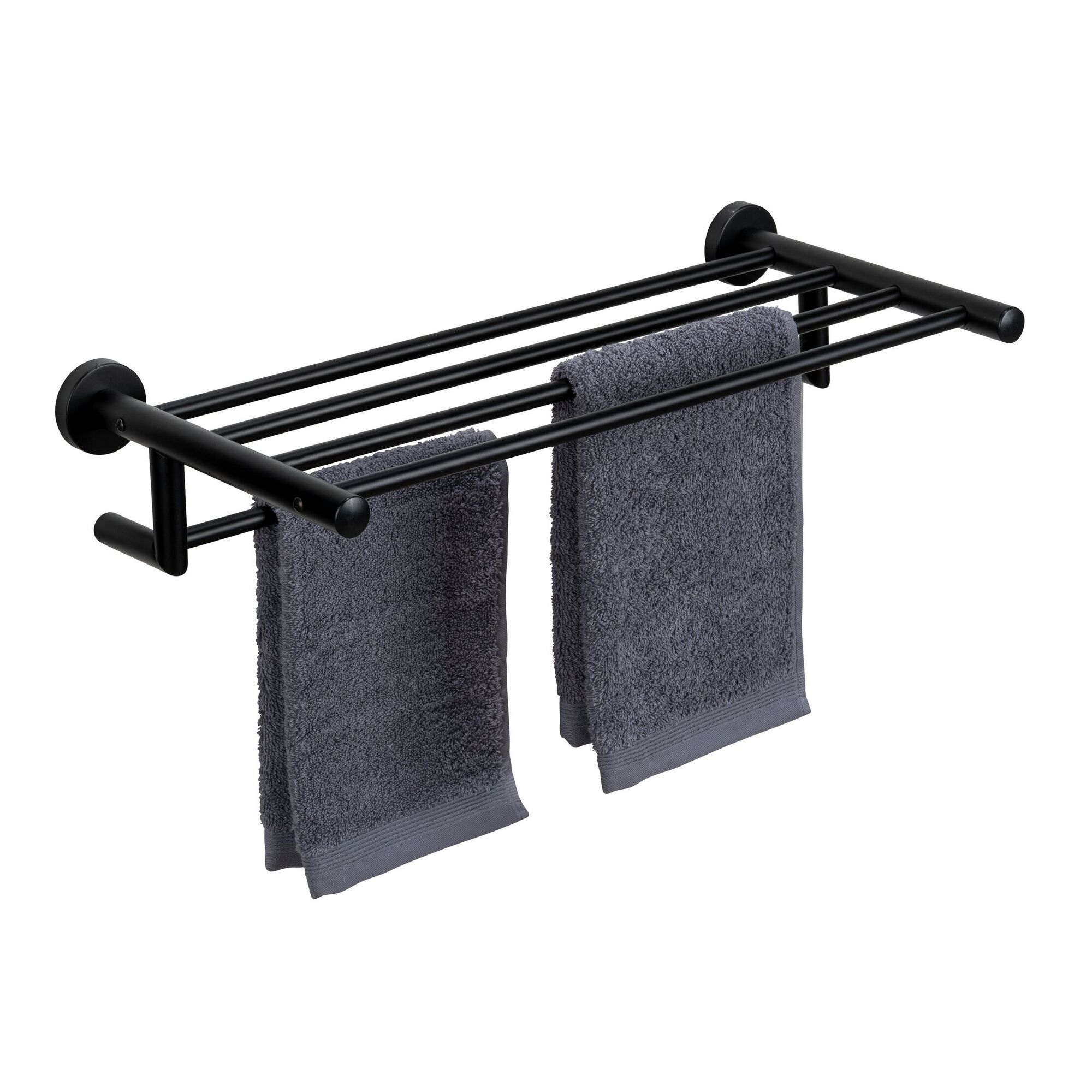 Schwarzer Handtuchhalter mit zwei grauen Handtüchern.
