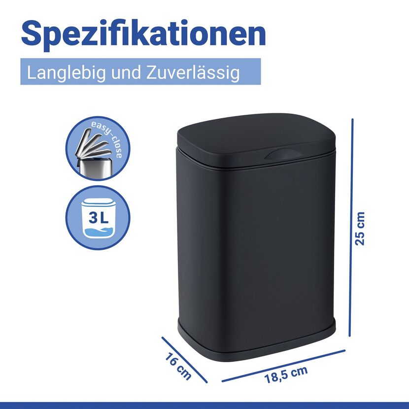 Schwarzer Kosmetikeimer Sare mit easy-close und 3L Fassungsvermögen.