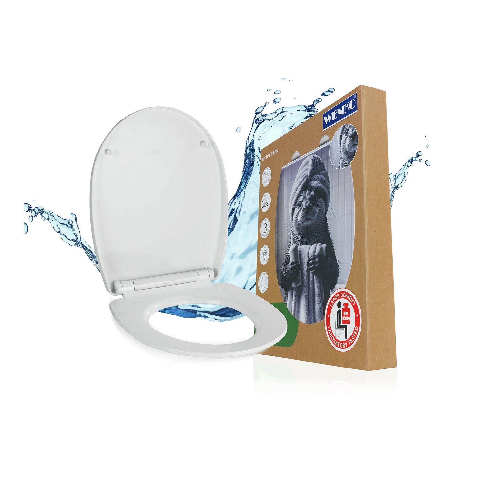 WC-Sitz 'Biban' in weiß mit Produktverpackung.