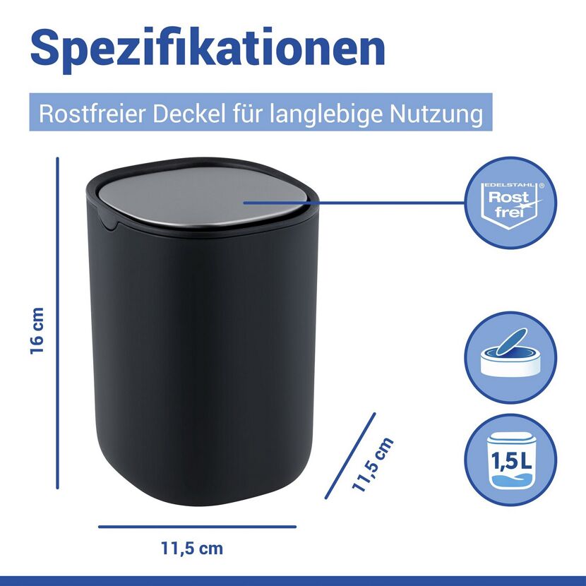 Schwarzer Schwingdeckeleimer mit Maßen und Volumenangabe