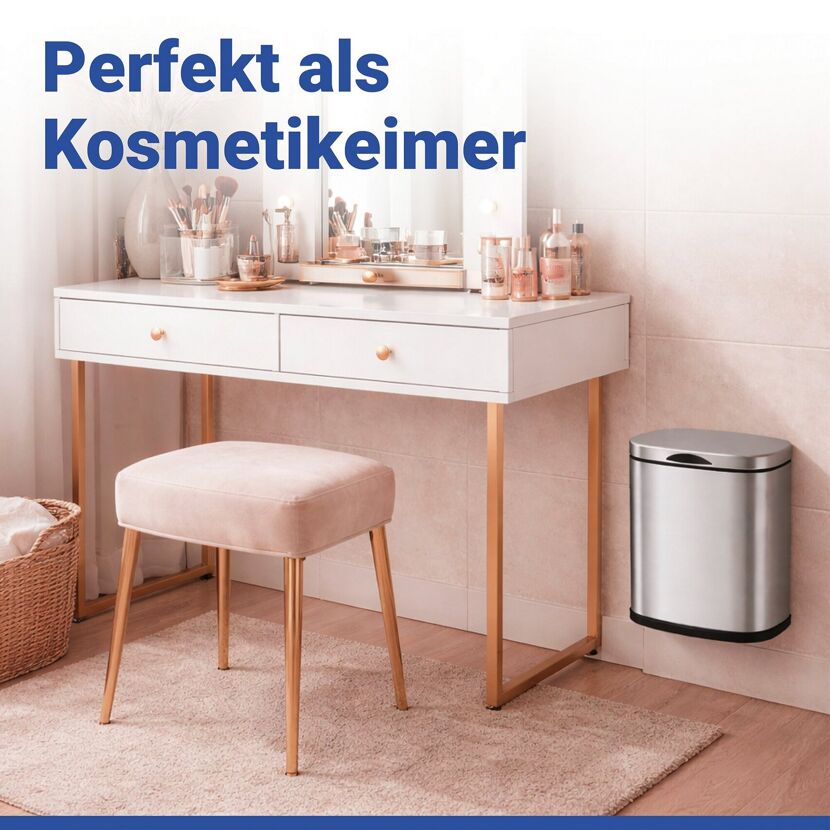 Edelstahl Kosmetikeimer 'Sare' neben Schminktisch.