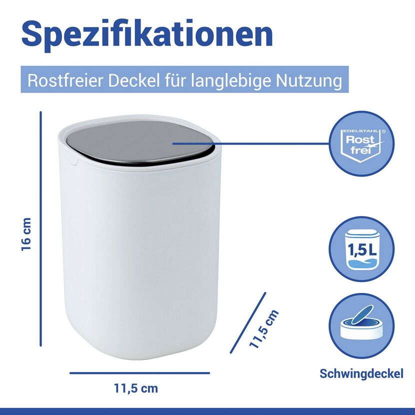 Schwingdeckeleimer 'Frini' weiß mit Maßen und Merkmalen