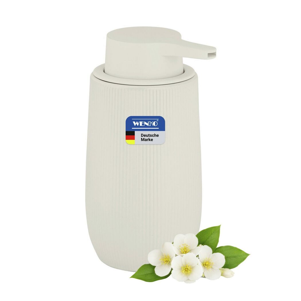 Cremefarbener Seifenspender 'Fablo' aus Keramik mit Jasminblüten.