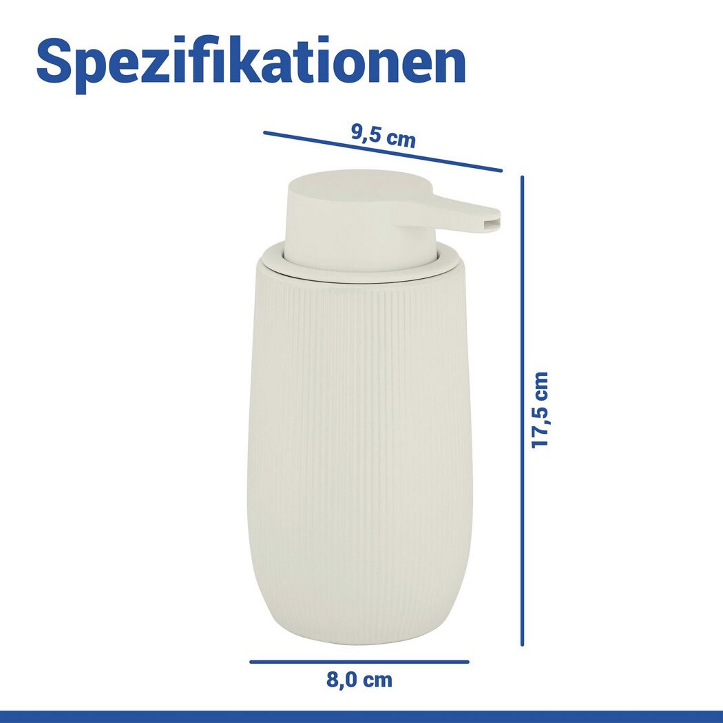 Seifenspender 'Fablo' cremefarben mit Maßen.