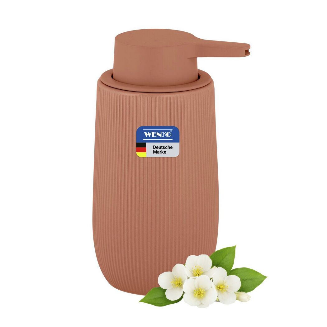 WENKO Seifenspender 'Fablo' aus brauner Keramik mit Jasminblüten.