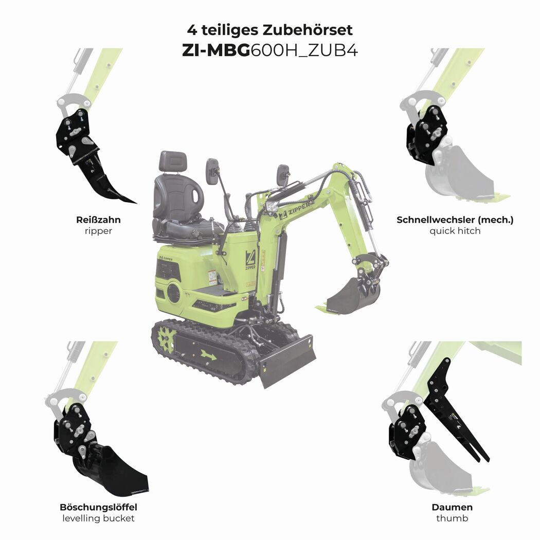 Zubehörset 'ZI-MBG600H-ZUB4' für Minibagger 'ZI-MBG600H' 4-teilig