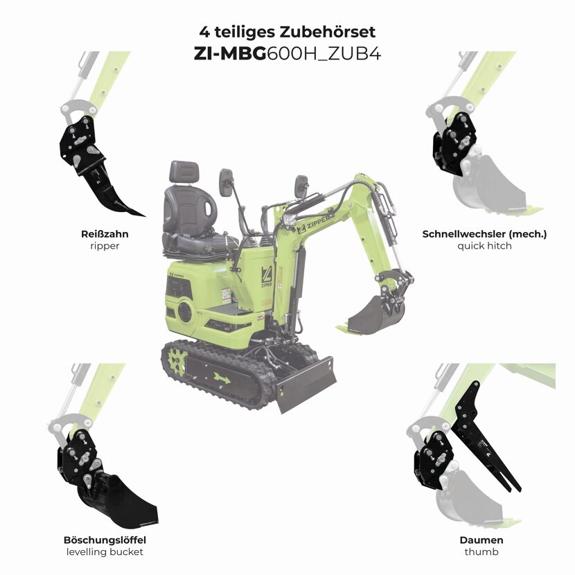 Zubehörset 'ZI-MBG600H-ZUB4' für Minibagger 'ZI-MBG600H' 4-teilig