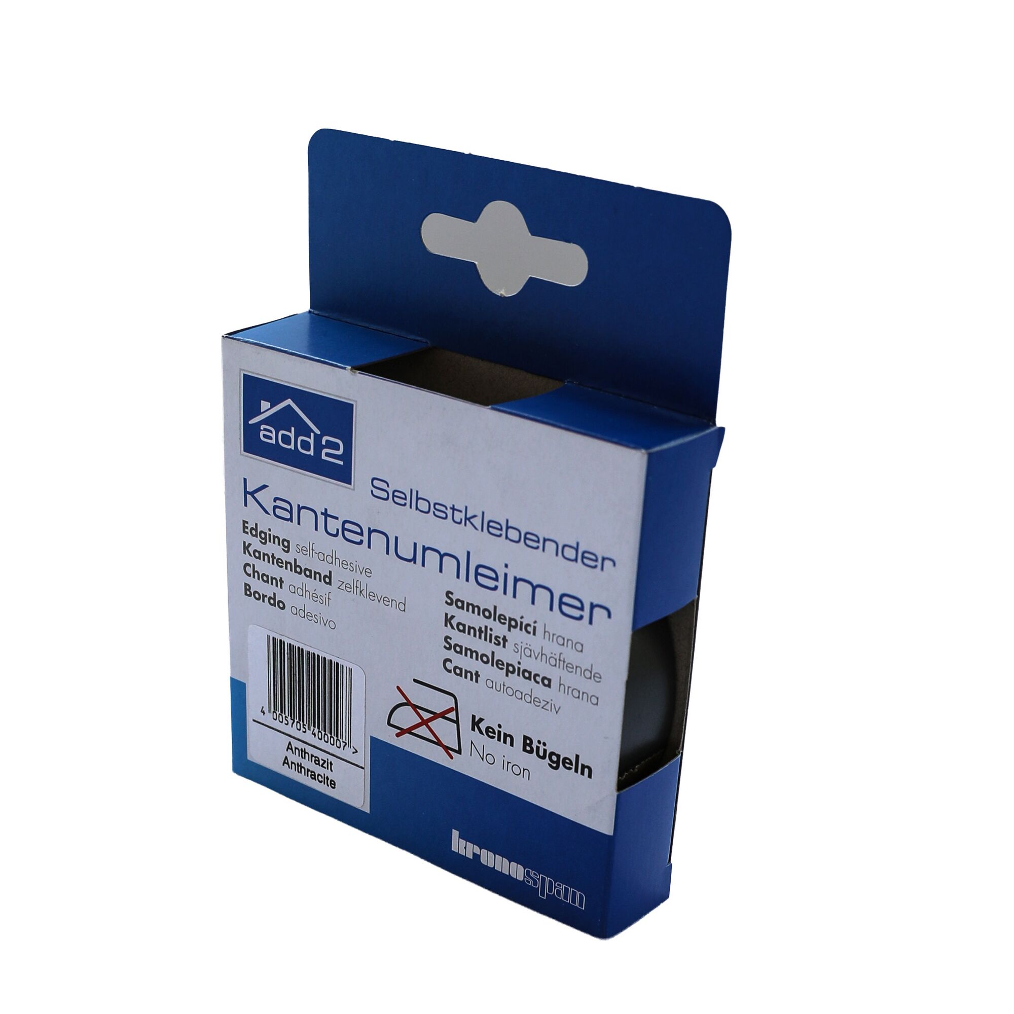 Verpackung für selbstklebenden Kantenumleimer in Anthrazit.