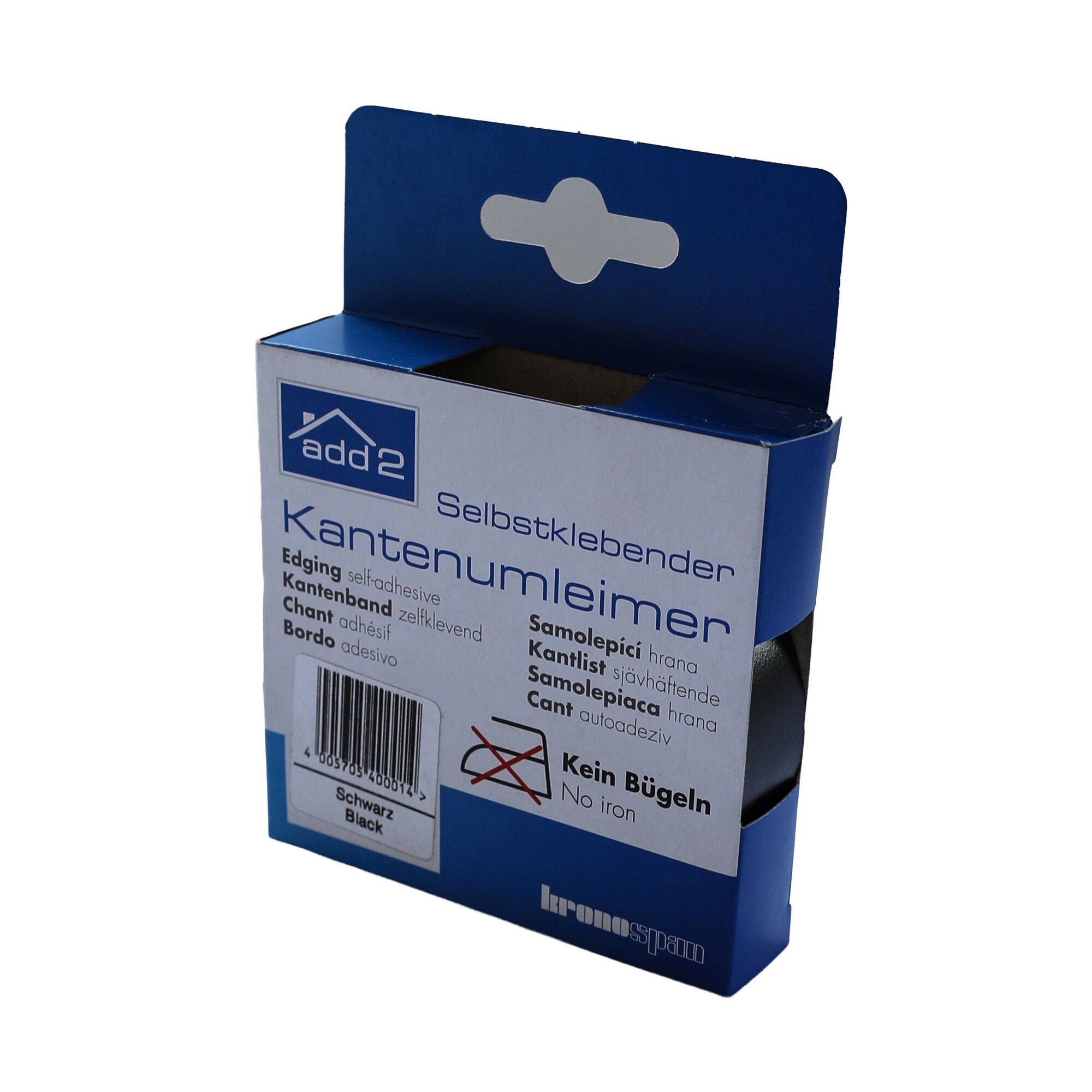 Schwarzer selbstklebender Kantenumleimer in blauer Verpackung.