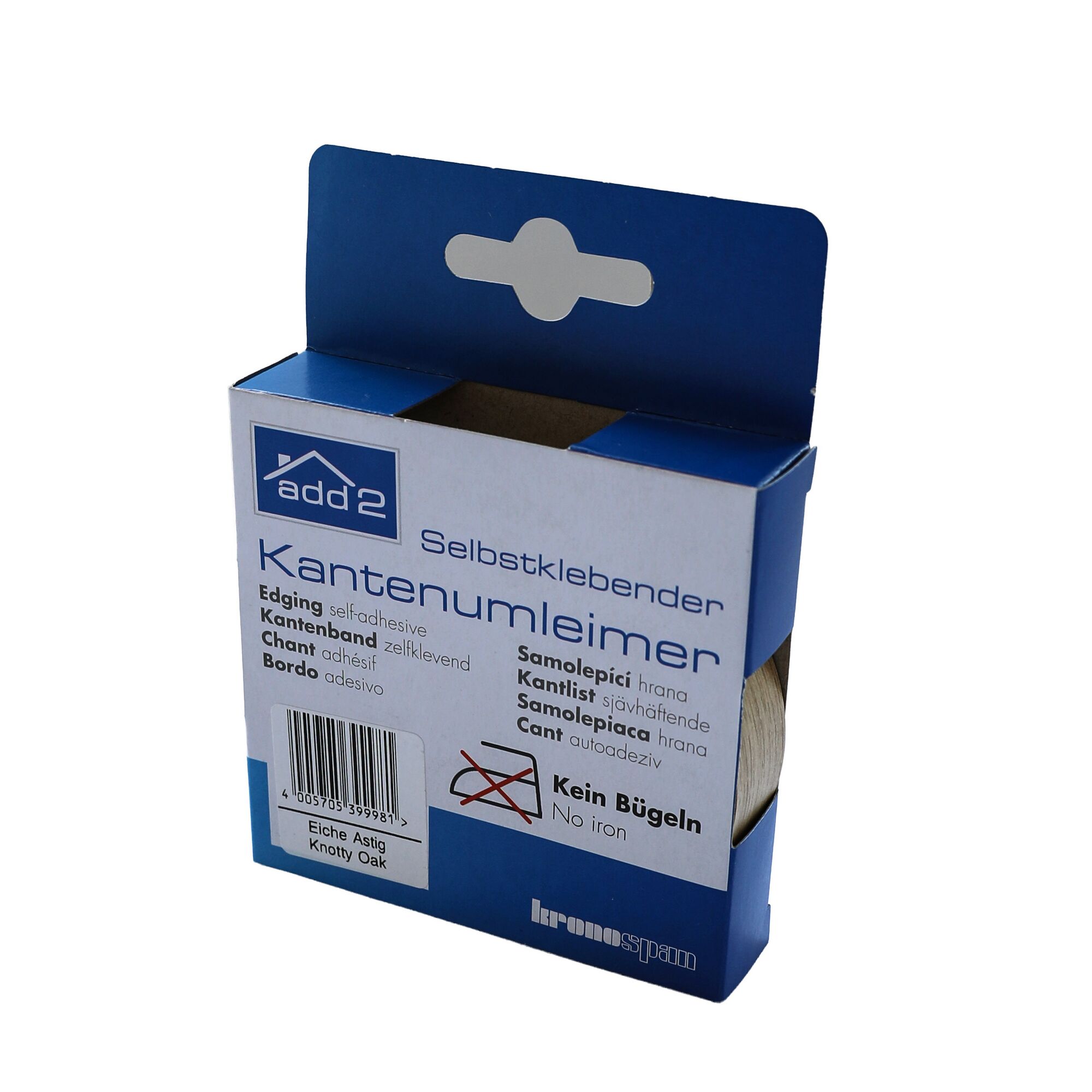 Kantenumleimer Eiche astig in Produktverpackung.