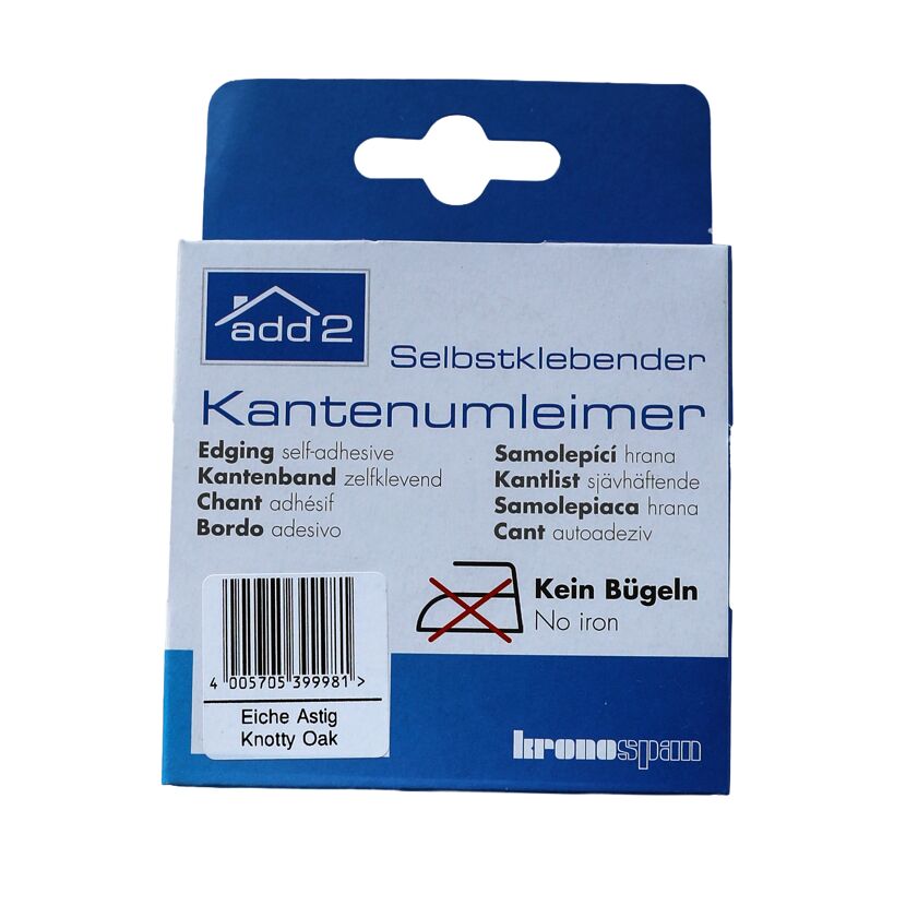 Kantenumleimer Eiche astig in blau-weißer Verpackung.
