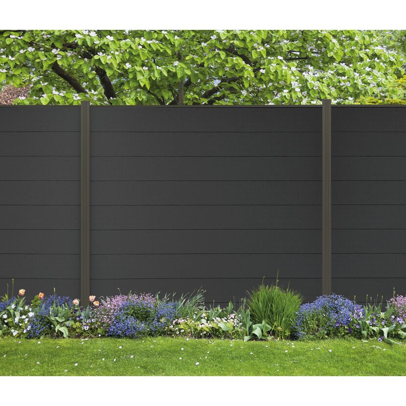 Zaun-Komplettset 'Elba Line' WPC graphitefarben mit Pfosten anthrazit zum Einbetonieren 555 x 180 cm