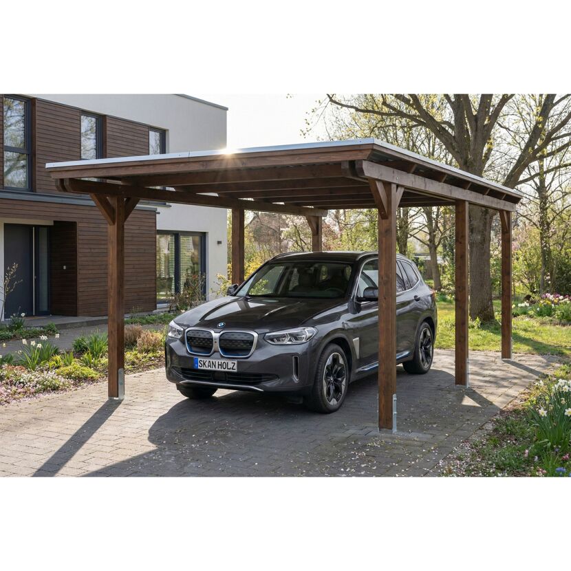 Einzelcarport 'Emsland' nussbaumfarben 340 x 604 cm mit Stahl-Dachplatten und Antikondensvlies