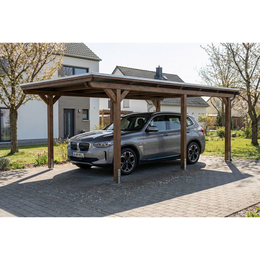 Einzelcarport 'Emsland' nussbaumfarben 340 x 604 cm mit Stahl-Dachplatten und Antikondensvlies