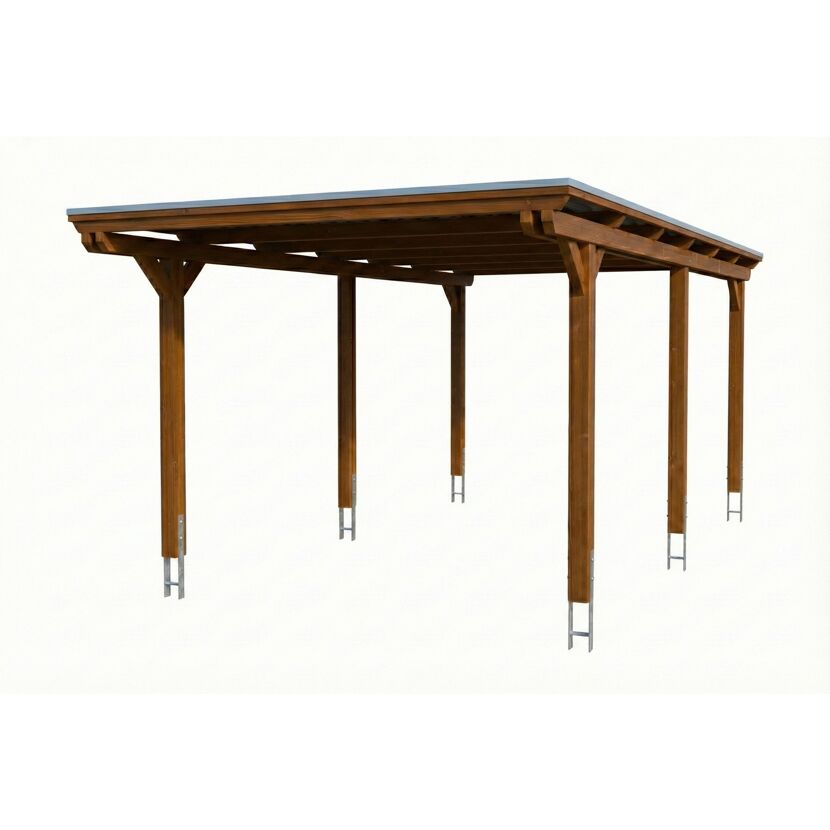 Einzelcarport 'Emsland' nussbaumfarben 340 x 604 cm mit Stahl-Dachplatten und Antikondensvlies