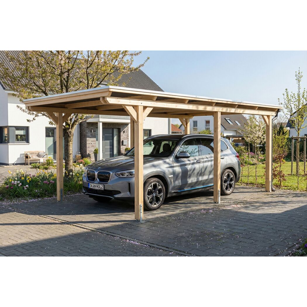 Einzelcarport 'Emsland' naturfarben 340 x 604 cm Stahl-Dachplatten und Antikondensvlies