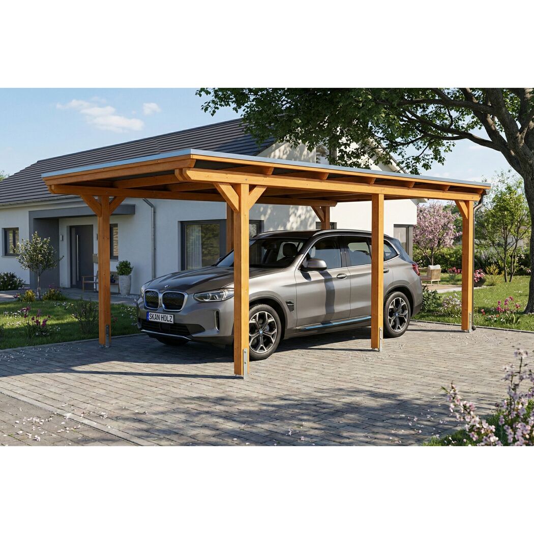 Einzelcarport 'Emsland' Eiche hell 340 x 604 cm mit Stahl-Dachplatten und Antikondensvlies