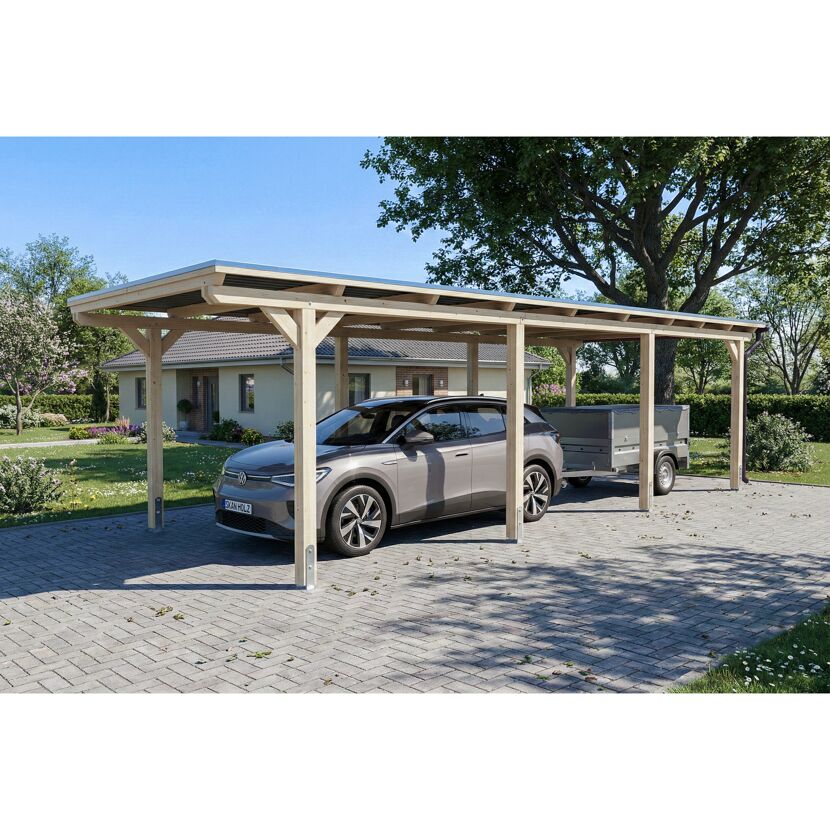 Einzelcarport 'Emsland' naturfarben 340 x 846 cm mit Stahl-Dachplatten und Antikondensvlies