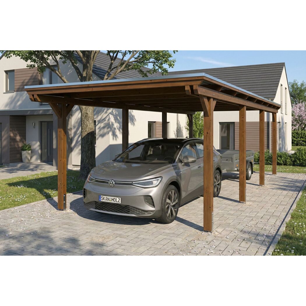 Einzelcarport 'Emsland' nussbaumfarben 340 x 846 cm mit EPDM-Dach