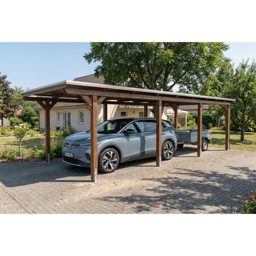 Einzelcarport 'Emsland' nussbaumfarben 340 x 846 cm mit EPDM-Dach