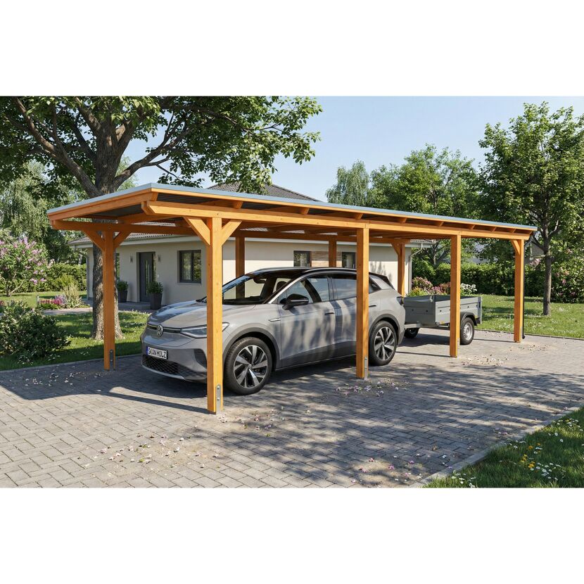 Einzelcarport 'Emsland' Eiche hell 340 x 846 cm mit Stahl-Dachplatten und Antikondensvlies