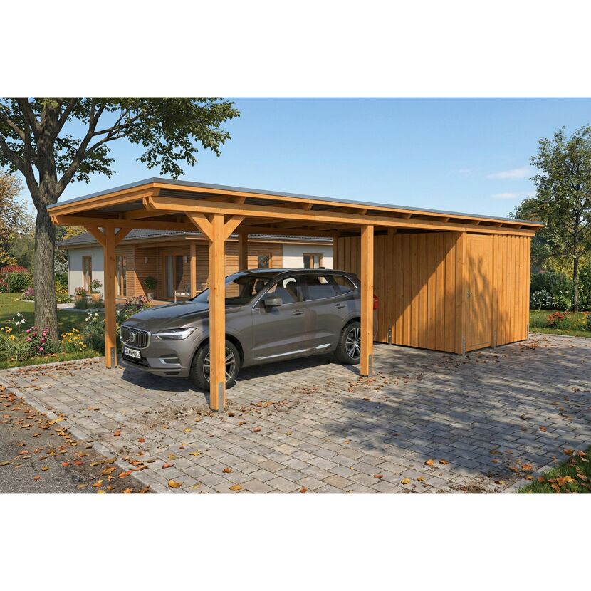 Einzelcarport 'Emsland' Eiche hell 340 x 846 cm mit Stahl-Dachplatten