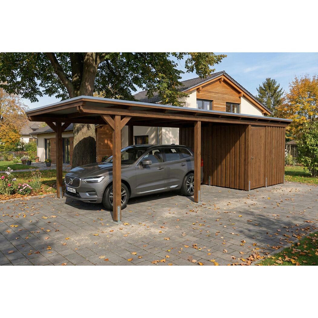 Einzelcarport 'Emsland' nussbaumfarben 340 x 846 cm mit EPDM-Dach