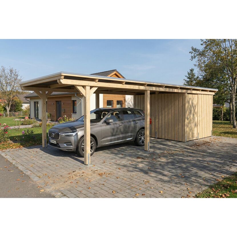 Einzelcarport 'Emsland' naturfarben 340 x 846 cm mit Stahl-Dachplatten