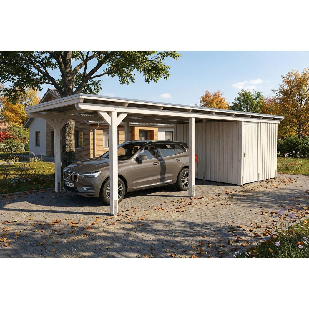Einzelcarport 'Emsland' weiß 340 x 846 cm mit EPDM-Dach mit Abstellraum